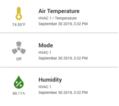A dashboard panel showing the visual status of the air temp, mode, and humidity for an industrial, PLC-based machinery.